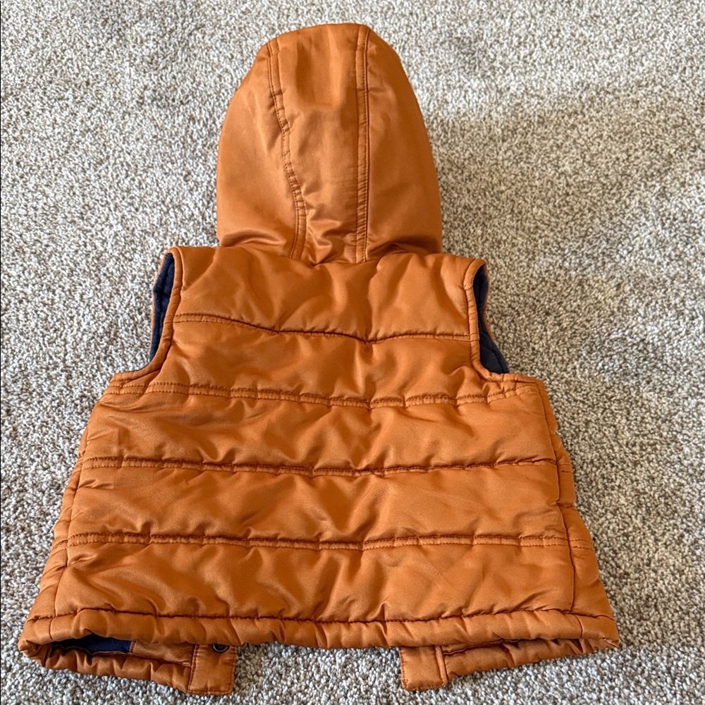 Janie and Jack Boys Hooded Puffer Vest Navy Lined Brown Size 18-24 MO - Picture 4 of 5